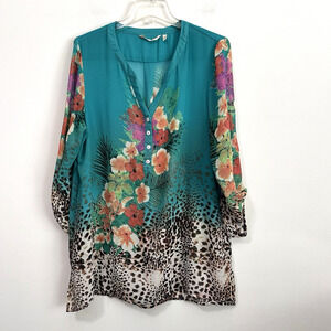 Soft Surroundings Animal Tropical Print Chiffon Blouse XL Semi Sheer‎ Roll Tab